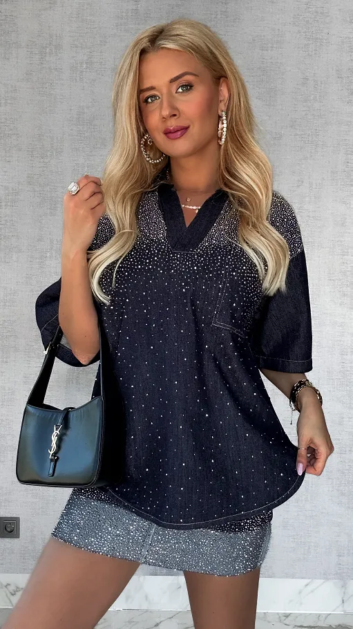 Jeansowa bluzka zdobiona mini cyrkoniami ONE SIZE - P759