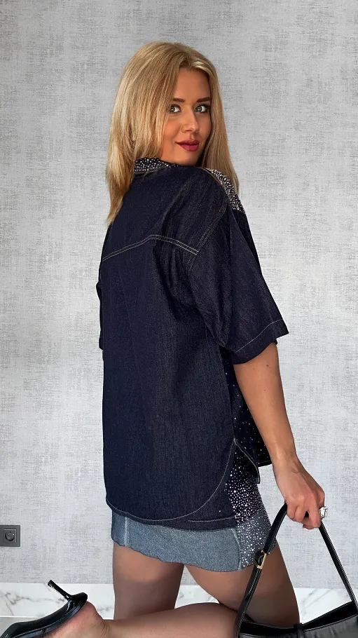 Jeansowa bluzka zdobiona mini cyrkoniami ONE SIZE - P759