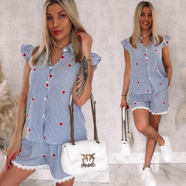 Komplet w niebieskie paski i czerwone serduszka koszula + spodenki ONE SIZE - R842