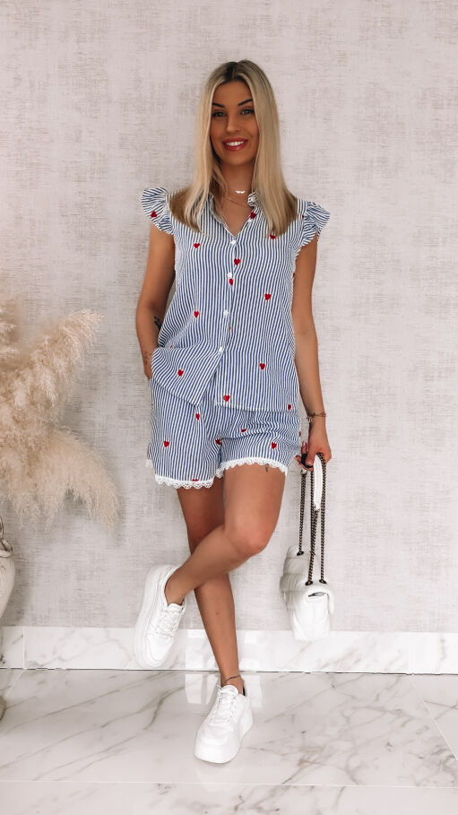 Komplet w niebieskie paski i czerwone serduszka koszula + spodenki ONE SIZE - R842
