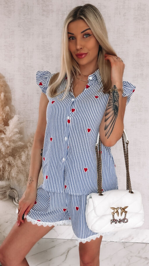 Komplet w niebieskie paski i czerwone serduszka koszula + spodenki ONE SIZE - R842