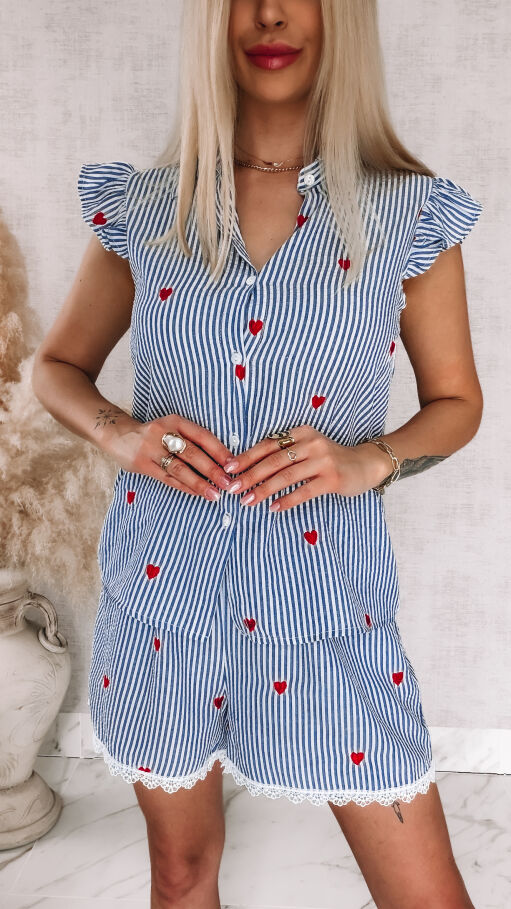 Komplet w niebieskie paski i czerwone serduszka koszula + spodenki ONE SIZE - R842