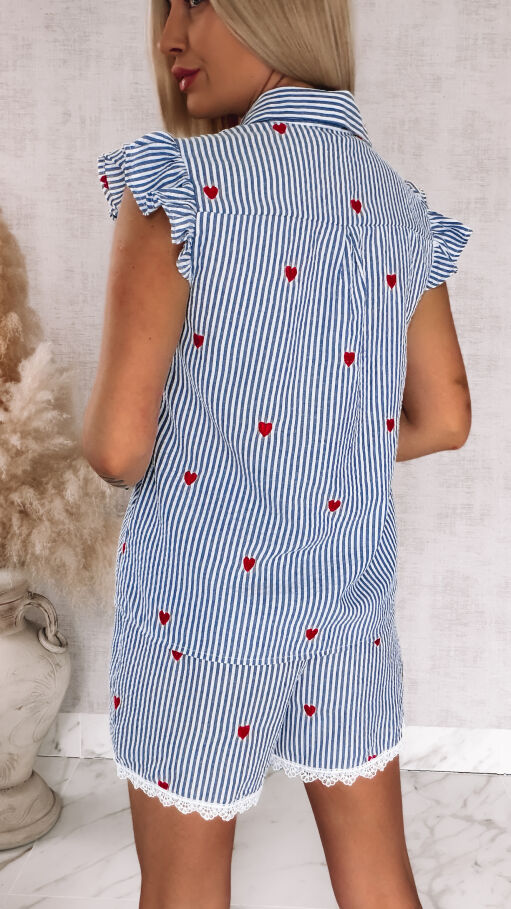 Komplet w niebieskie paski i czerwone serduszka koszula + spodenki ONE SIZE - R842