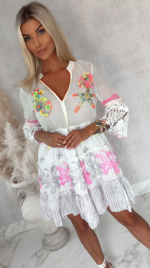 Lekka letnia sukienka mgiełka z neonowymi dodatkami 100% bawełna WHITE - S199