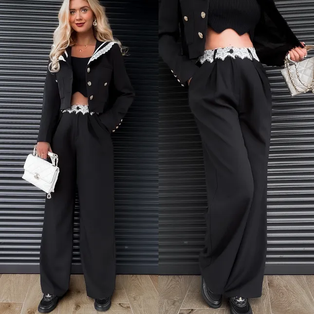 Czarne eleganckie spodnie z białą koronką w pasie - R391