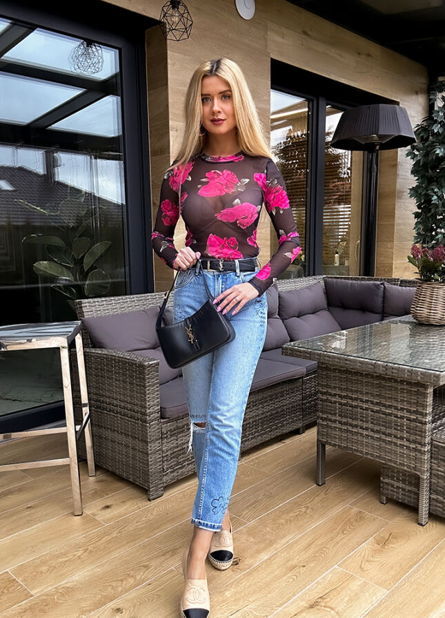 Czarna bluzka siateczkowa w różowe kwiaty - M682