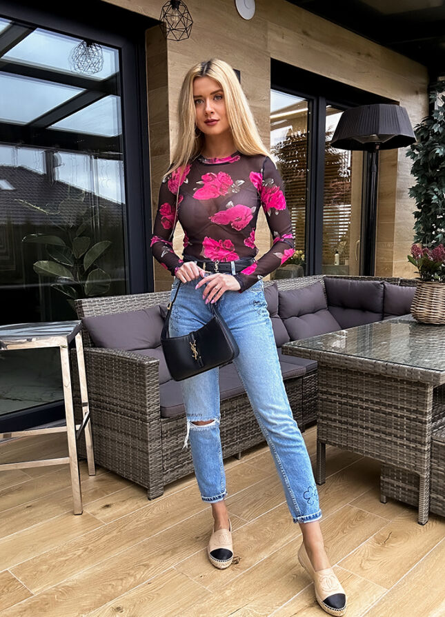 Czarna bluzka siateczkowa w różowe kwiaty - M682