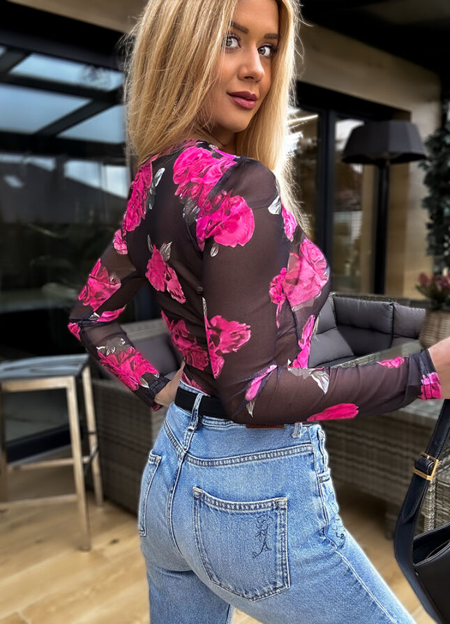 Czarna bluzka siateczkowa w różowe kwiaty - M682