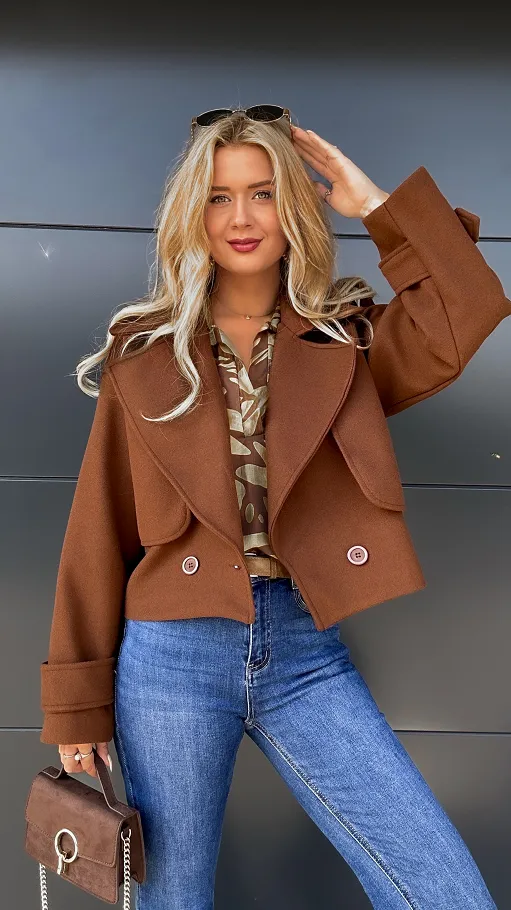 Modny pudełkowy płaszcz BRĄZOWY one size - R014