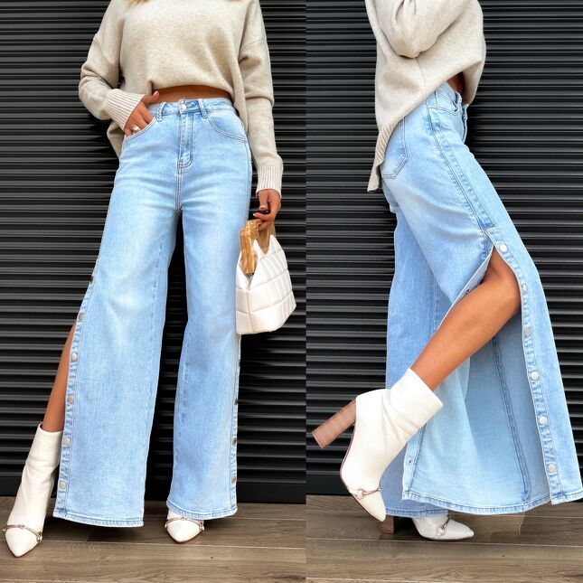 Wyjątkowe spodnie jeansowe z nogawkami na butony WIDE LEG blue - S415