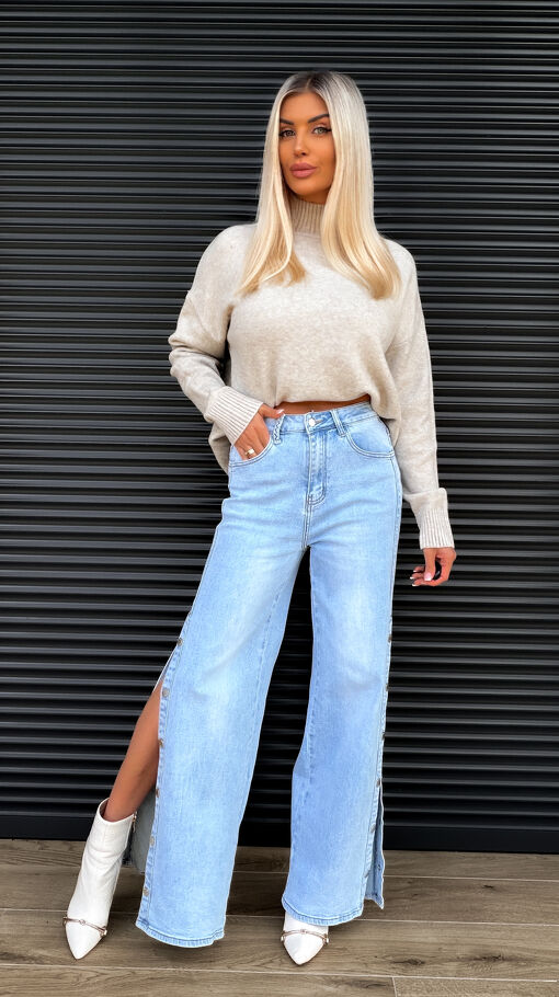 Wyjątkowe spodnie jeansowe z nogawkami na butony WIDE LEG blue - S415