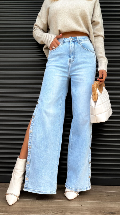 Wyjątkowe spodnie jeansowe z nogawkami na butony WIDE LEG blue - S415