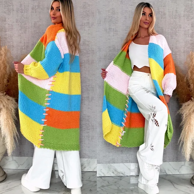 Ekskluzywny długi KARDIGAN grubo pleciony ONE SIZE multi kolor - R721