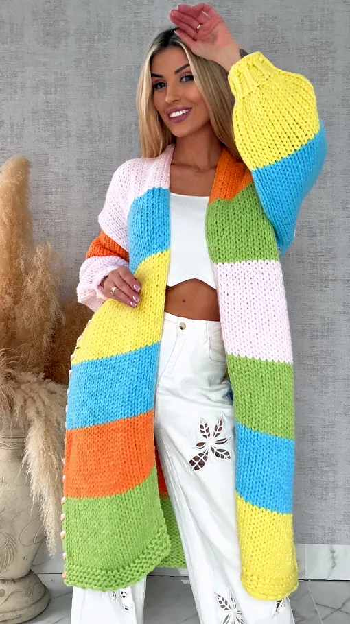 Ekskluzywny długi KARDIGAN grubo pleciony ONE SIZE multi kolor - R721