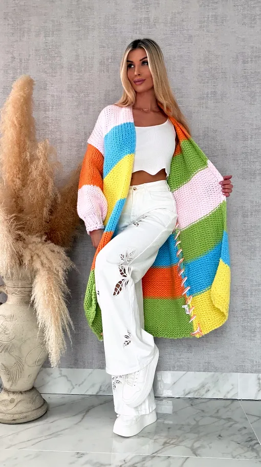 Ekskluzywny długi KARDIGAN grubo pleciony ONE SIZE multi kolor - R721