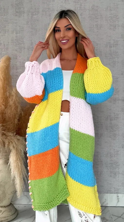 Ekskluzywny długi KARDIGAN grubo pleciony ONE SIZE multi kolor - R721