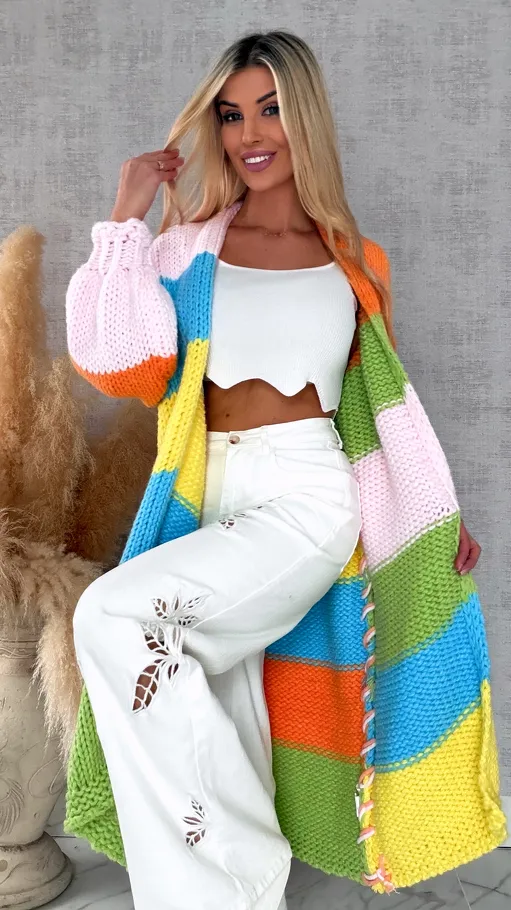 Ekskluzywny długi KARDIGAN grubo pleciony ONE SIZE multi kolor - R721