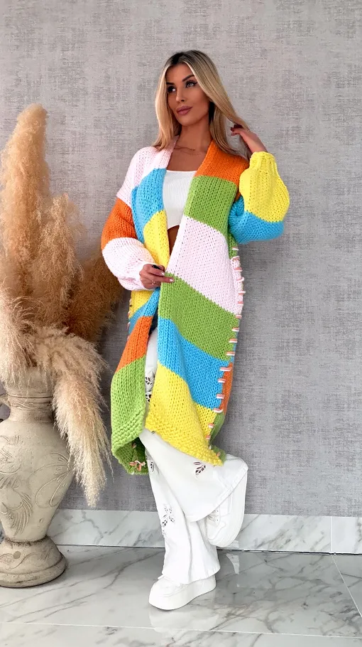 Ekskluzywny długi KARDIGAN grubo pleciony ONE SIZE multi kolor - R721