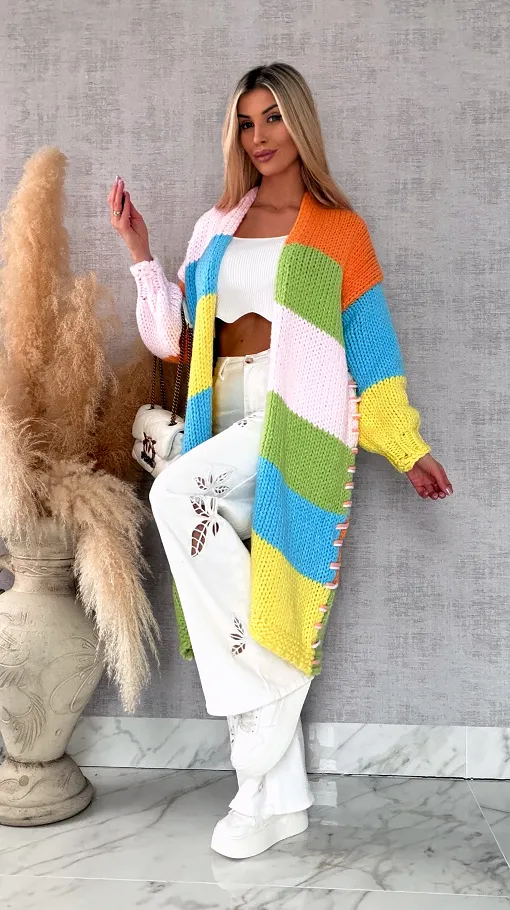 Ekskluzywny długi KARDIGAN grubo pleciony ONE SIZE multi kolor - R721