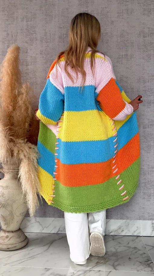 Ekskluzywny długi KARDIGAN grubo pleciony ONE SIZE multi kolor - R721