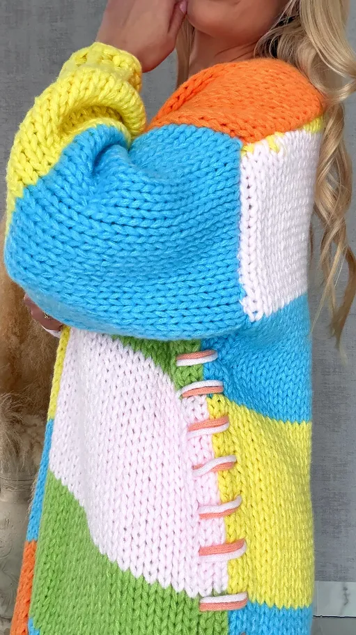 Ekskluzywny długi KARDIGAN grubo pleciony ONE SIZE multi kolor - R721