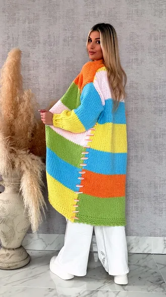 Ekskluzywny długi KARDIGAN grubo pleciony ONE SIZE multi kolor - R721