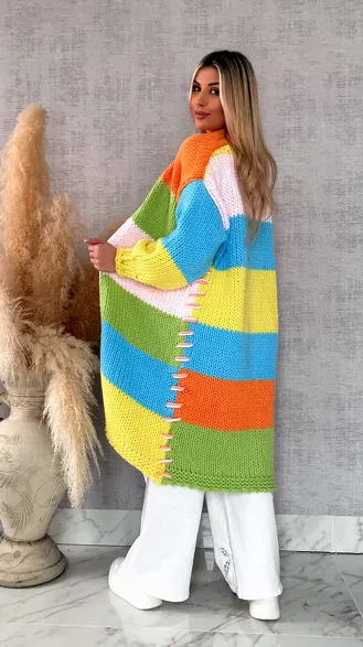 Ekskluzywny długi KARDIGAN grubo pleciony ONE SIZE multi kolor - R721