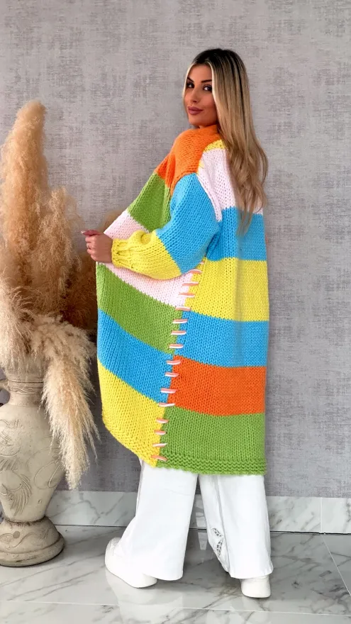Ekskluzywny długi KARDIGAN grubo pleciony ONE SIZE multi kolor - R721