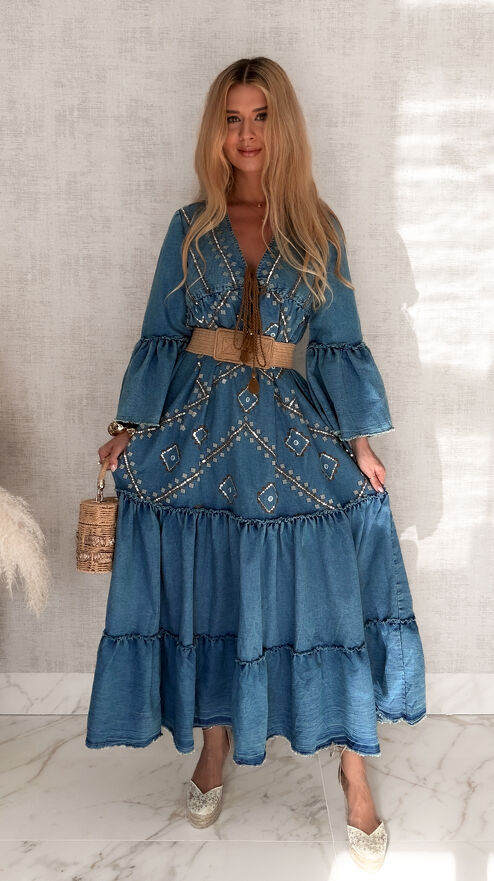 Bawełniana jeansowa MAXI sukienka z brązowymi dodatkami - S136