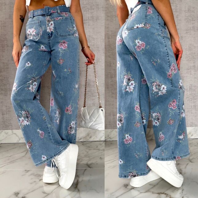 Elastyczne spodnie jeansowe BLUE JEANS w kolorowe kwiaty - R602