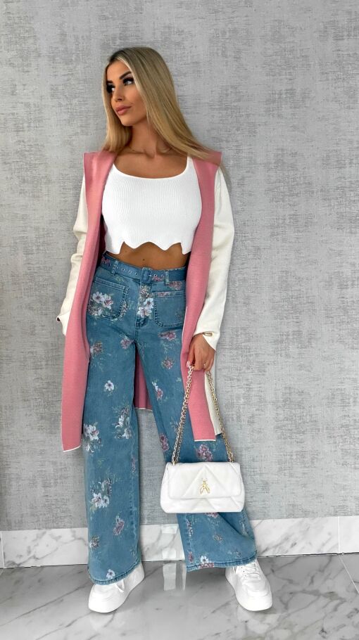 Elastyczne spodnie jeansowe BLUE JEANS w kolorowe kwiaty - R602