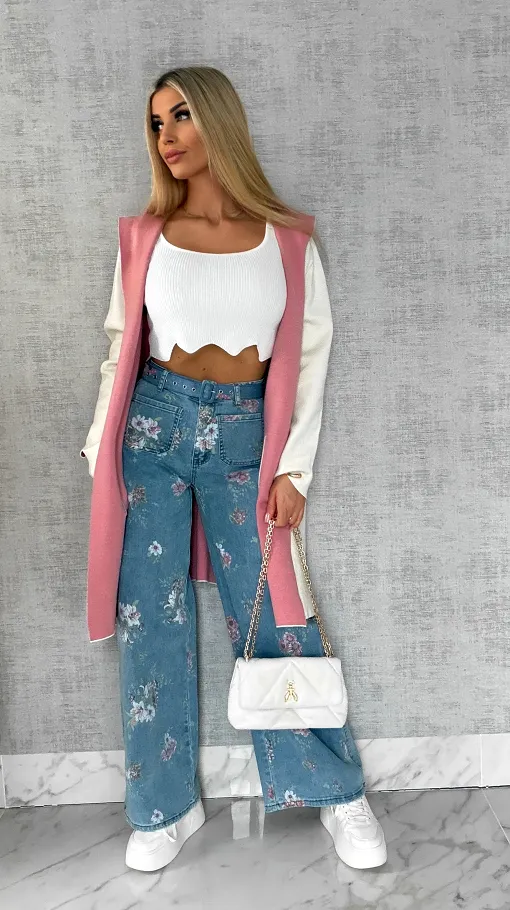 Elastyczne spodnie jeansowe BLUE JEANS w kolorowe kwiaty - R602