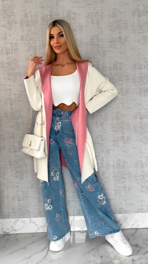 Elastyczne spodnie jeansowe BLUE JEANS w kolorowe kwiaty - R602