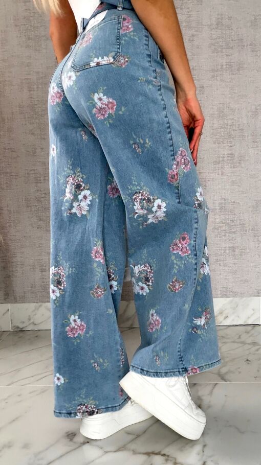 Elastyczne spodnie jeansowe BLUE JEANS w kolorowe kwiaty - R602