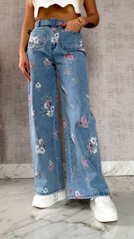 Elastyczne spodnie jeansowe BLUE JEANS w kolorowe kwiaty - R602