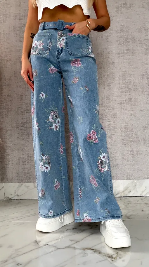 Elastyczne spodnie jeansowe BLUE JEANS w kolorowe kwiaty - R602