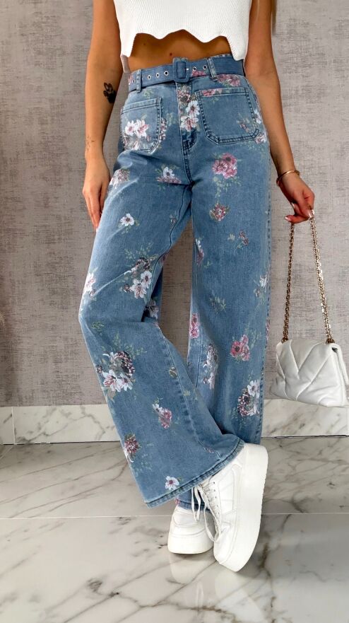 Elastyczne spodnie jeansowe BLUE JEANS w kolorowe kwiaty - R602