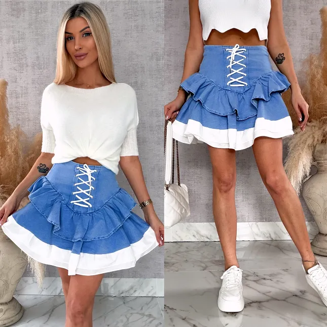 Jeansowa elastyczna spódniczka z wiązaniem BLUE JEANS - R637