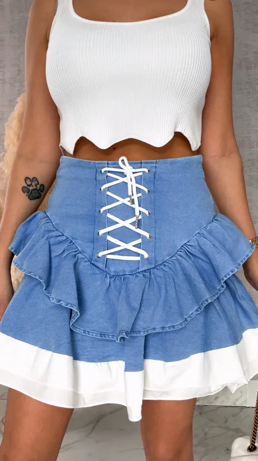 Jeansowa elastyczna spódniczka z wiązaniem BLUE JEANS - R637