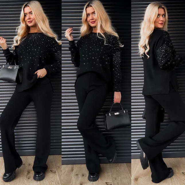 Dzianinowy komplet z wiskozy w prążki z cyrkoniami ONE SIZE black - R314