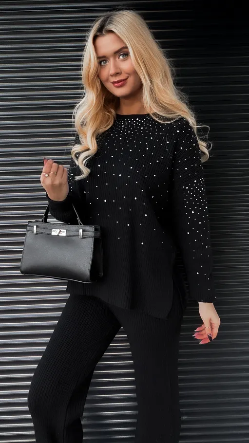 Dzianinowy komplet z wiskozy w prążki z cyrkoniami ONE SIZE black - R314