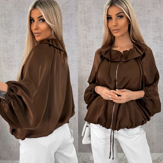 Satynowa elegancka bomberka na zamek BRĄZOWA - R462A