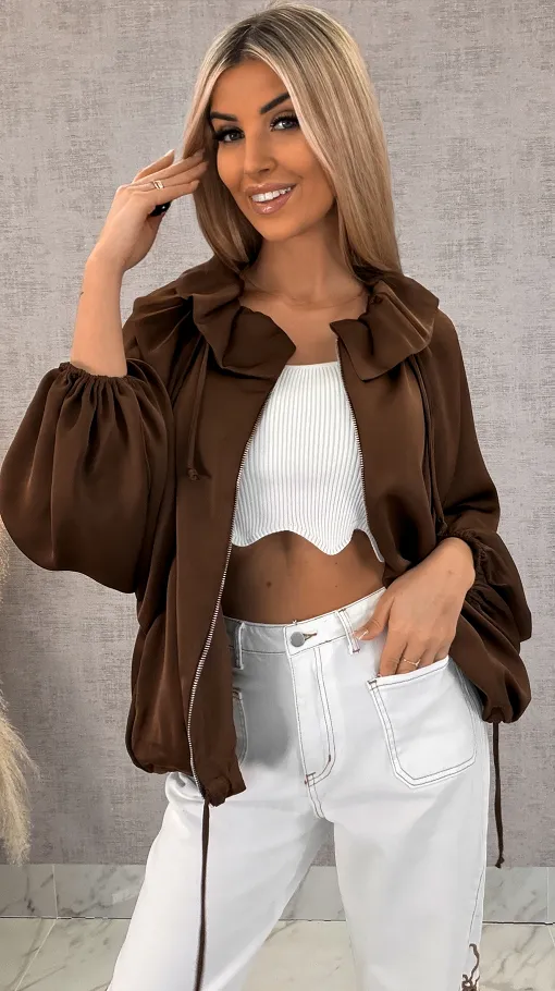 Satynowa elegancka bomberka na zamek BRĄZOWA - R462A