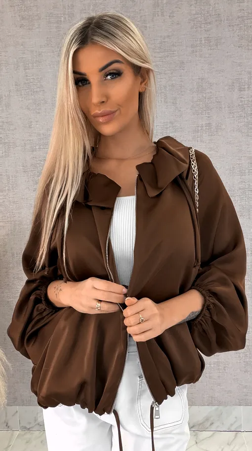 Satynowa elegancka bomberka na zamek BRĄZOWA - R462A