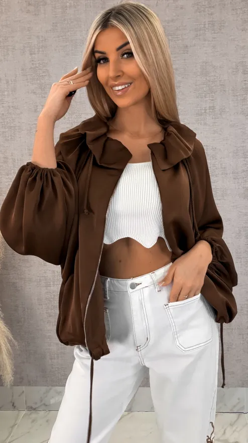 Satynowa elegancka bomberka na zamek BRĄZOWA - R462A