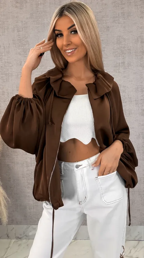 Satynowa elegancka bomberka na zamek BRĄZOWA - R462A