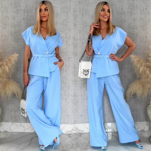 Wizytowy komplet BLUE bluzka + spodnie z paskiem ONE SIZE - R903A