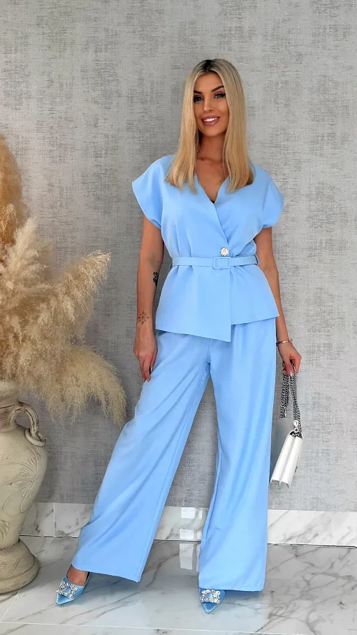 Wizytowy komplet BLUE bluzka + spodnie z paskiem ONE SIZE - R903A