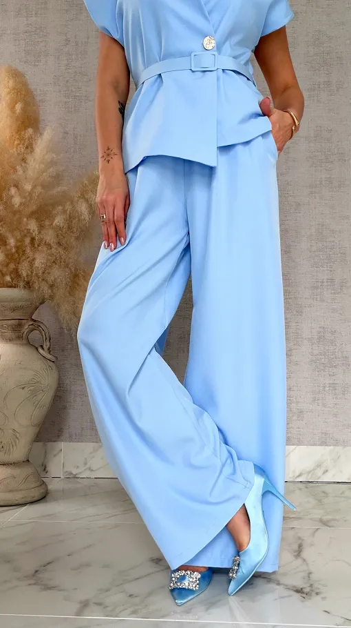 Wizytowy komplet BLUE bluzka + spodnie z paskiem ONE SIZE - R903A