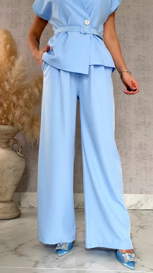 Wizytowy komplet BLUE bluzka + spodnie z paskiem ONE SIZE - R903A